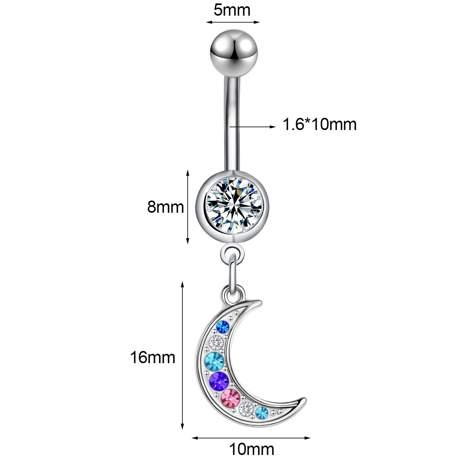 14G Moon Dangle Belly Navel Rings Bling Zircon Belly Button Rings