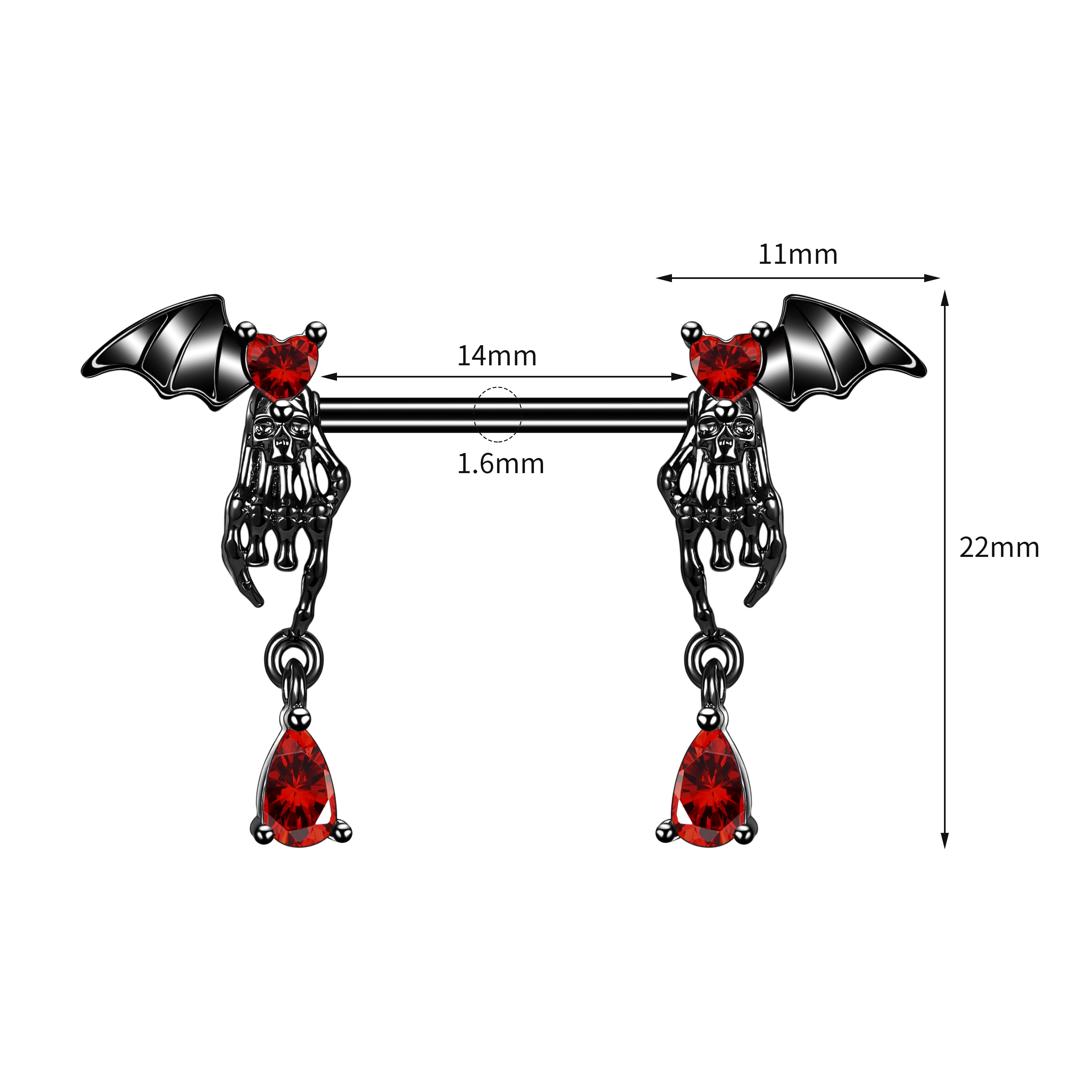 2Pcs 14G Bat Nipple Rings Cubic Zircon Nipple Piercing Barbell Jewelry