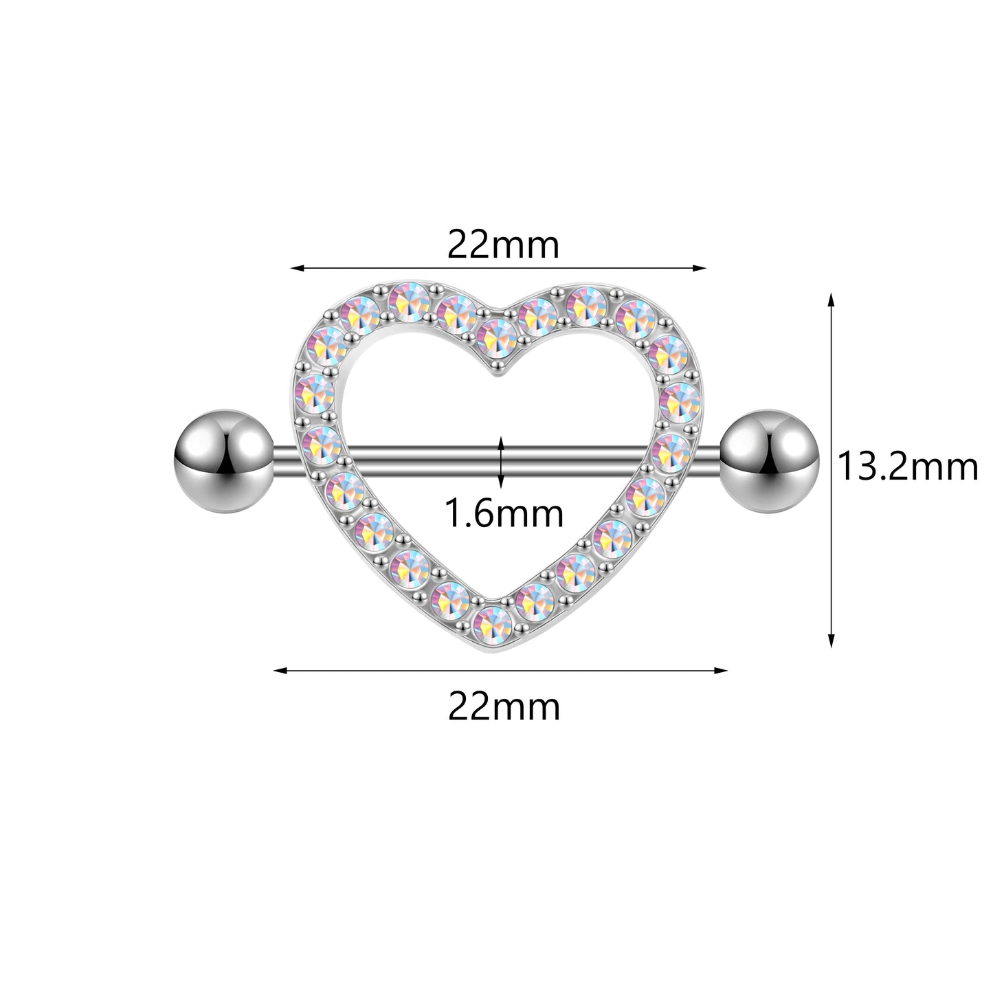 2Pcs 14G Heart Nipple Rings AB White Crystal Nipple Piercing Barbell Jewelry