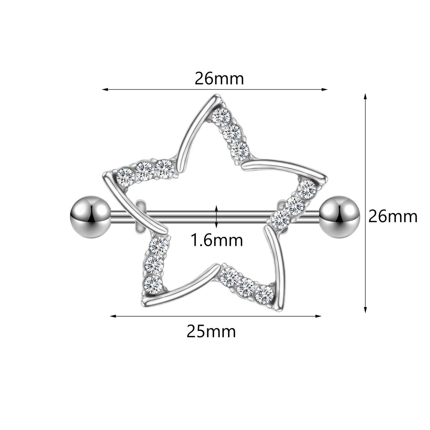 2Pcs 14G Star Nipple Rings Bling Crystal Nipple Piercing Barbell Jewelry