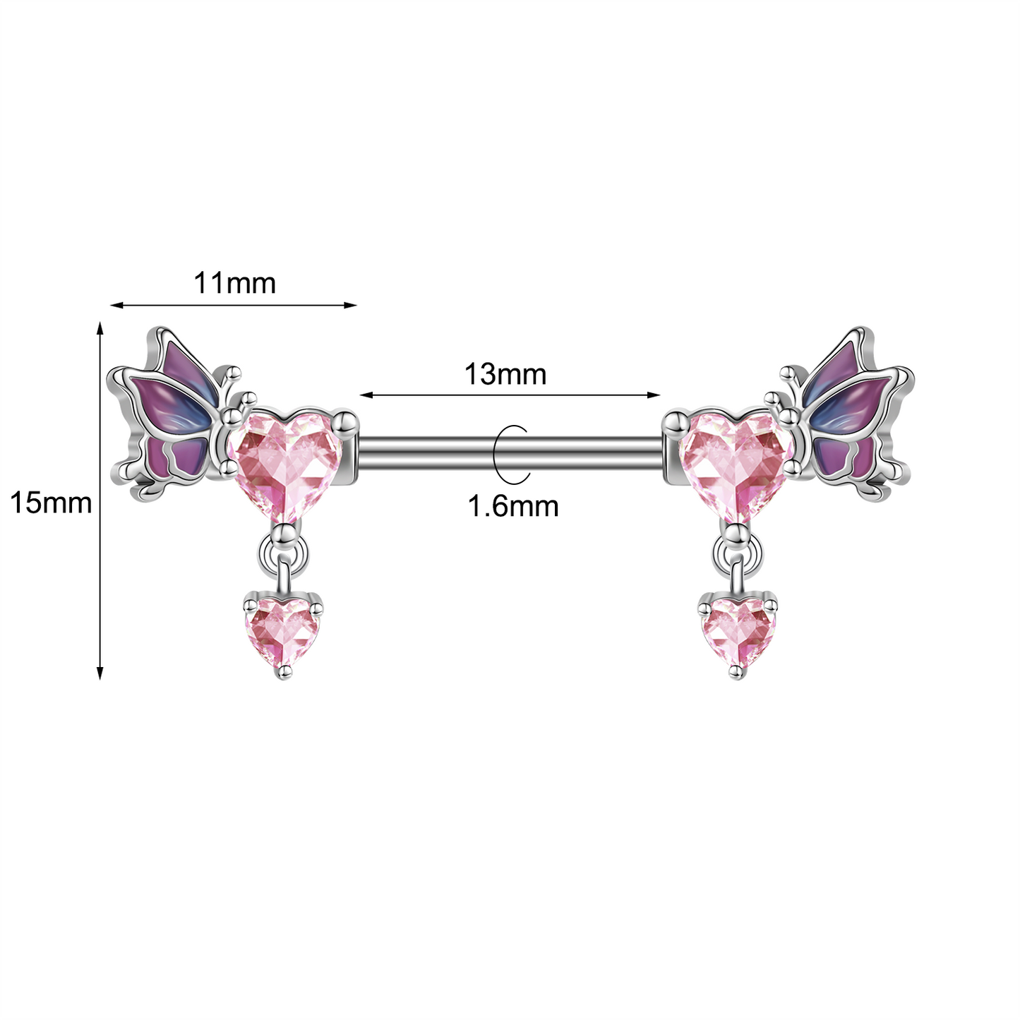 2Pcs 14G Heart Dangle Nipple Rings Pink Zircon Nipple Piercing Barbell Jewelry