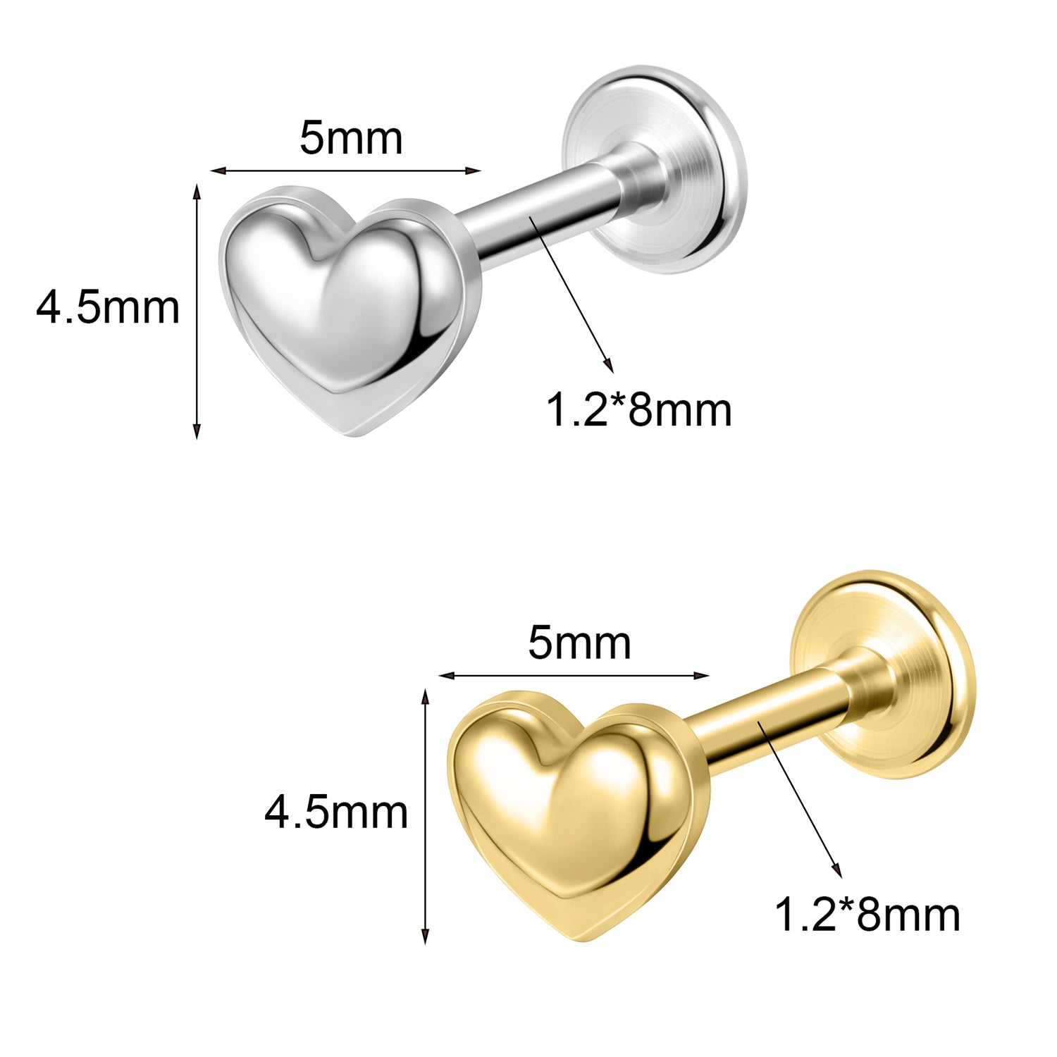 16g Heart Labret Ring Flat Back Stud Earring Conch Helix Lip Piercing