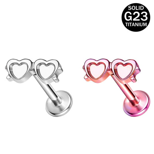 16g G23 Titanium Labret Ring Double Heart Stud Earring Threaded Conch Helix Lip Piercing