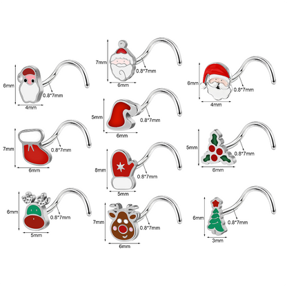 10Pcs/Set 20g Santa Claus Corkscrew Nose Rings Studs Christmas Stainless Steel Nose Stud Piercing