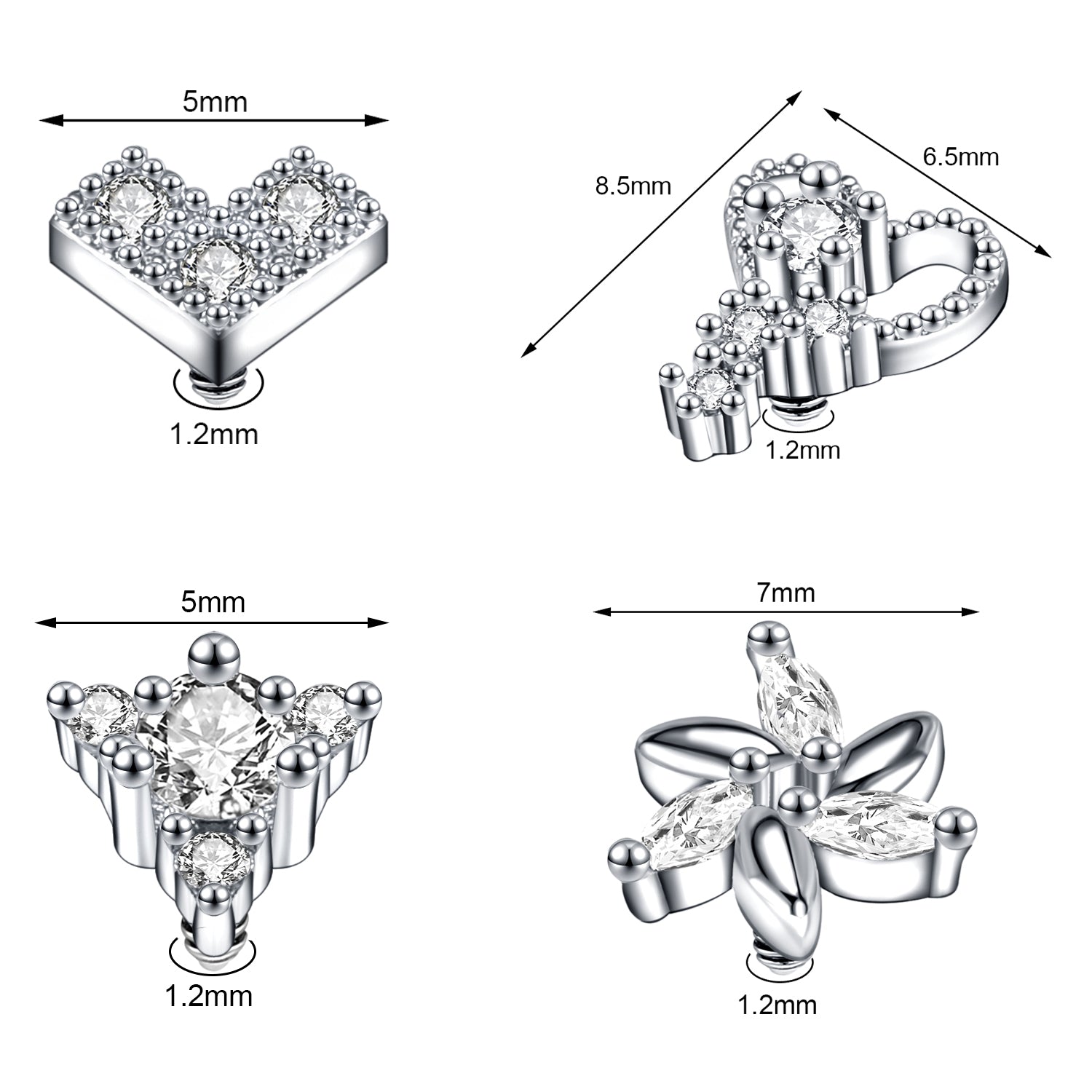 4pcs Zircon Dermal Anchor Tops Surgical Steel Internally Threaded Skin Diver Piercings