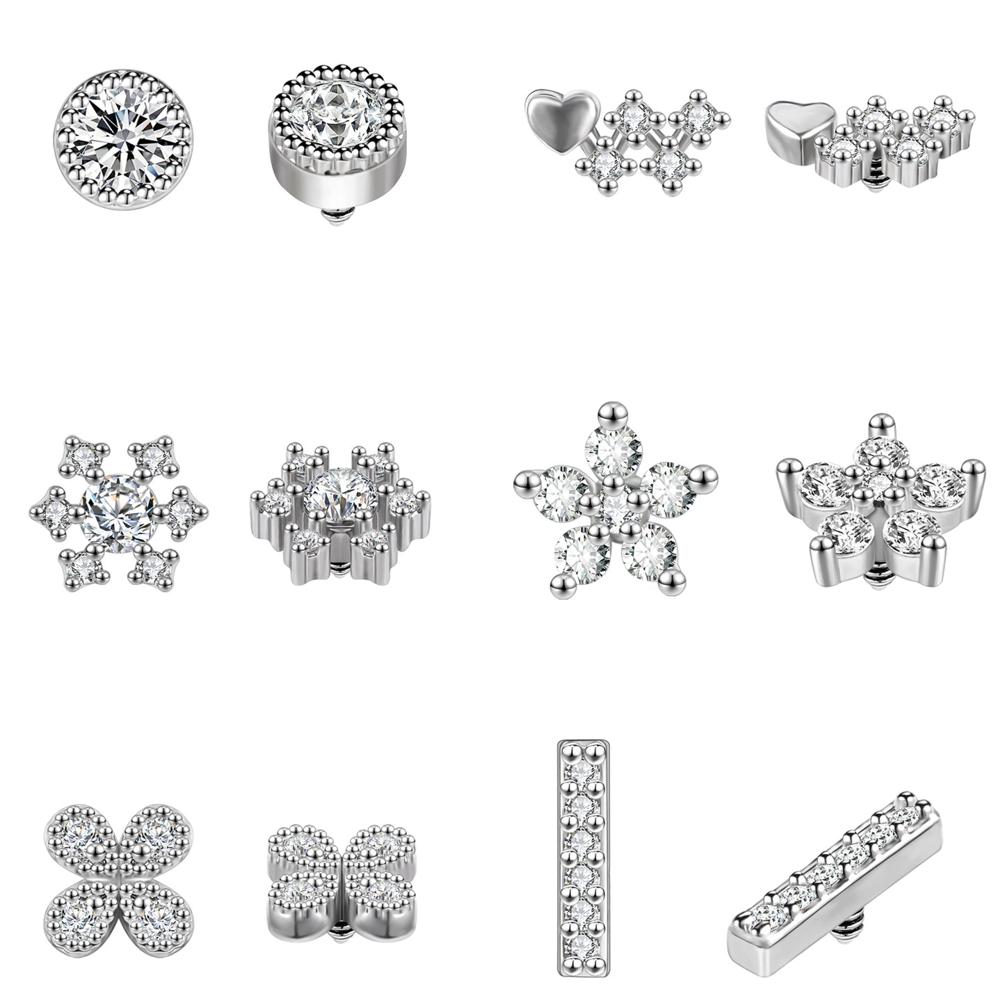 6pcs Zircon Dermal Anchor Tops Surgical Steel Internally Threaded Skin Diver Piercings