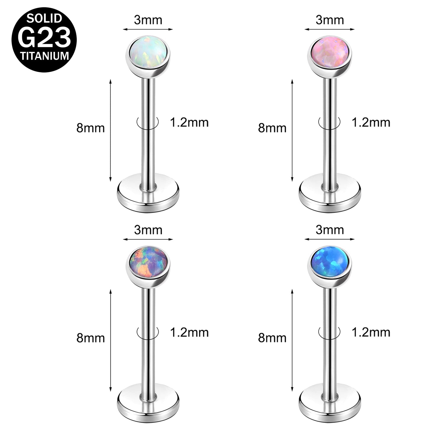 16g G23 Titanium Labret Ring Opal Stud Earring Threaded Conch Helix Lip Piercing