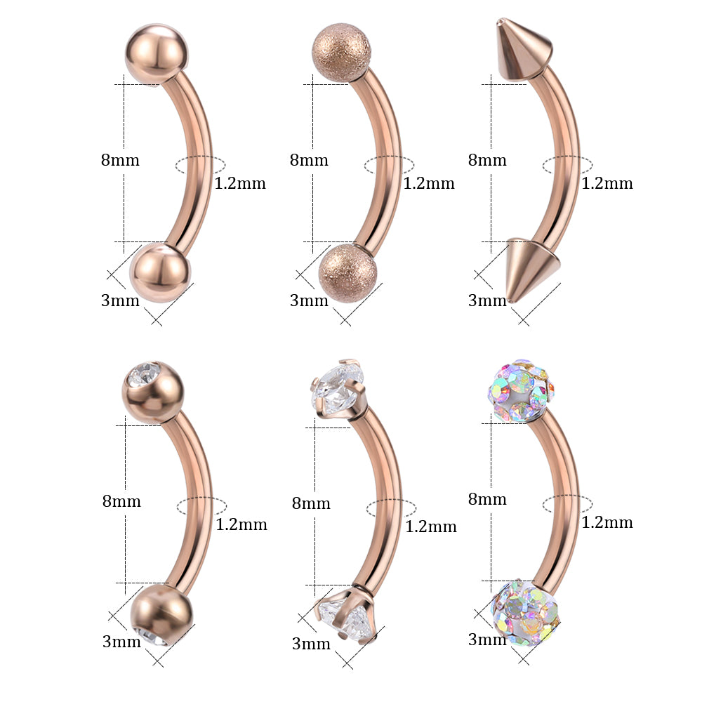 6 pcs/set 16g Eyebrow Piercing Barbell Crystal Zirconia Curve Helix Daith Piercing-Economic Set