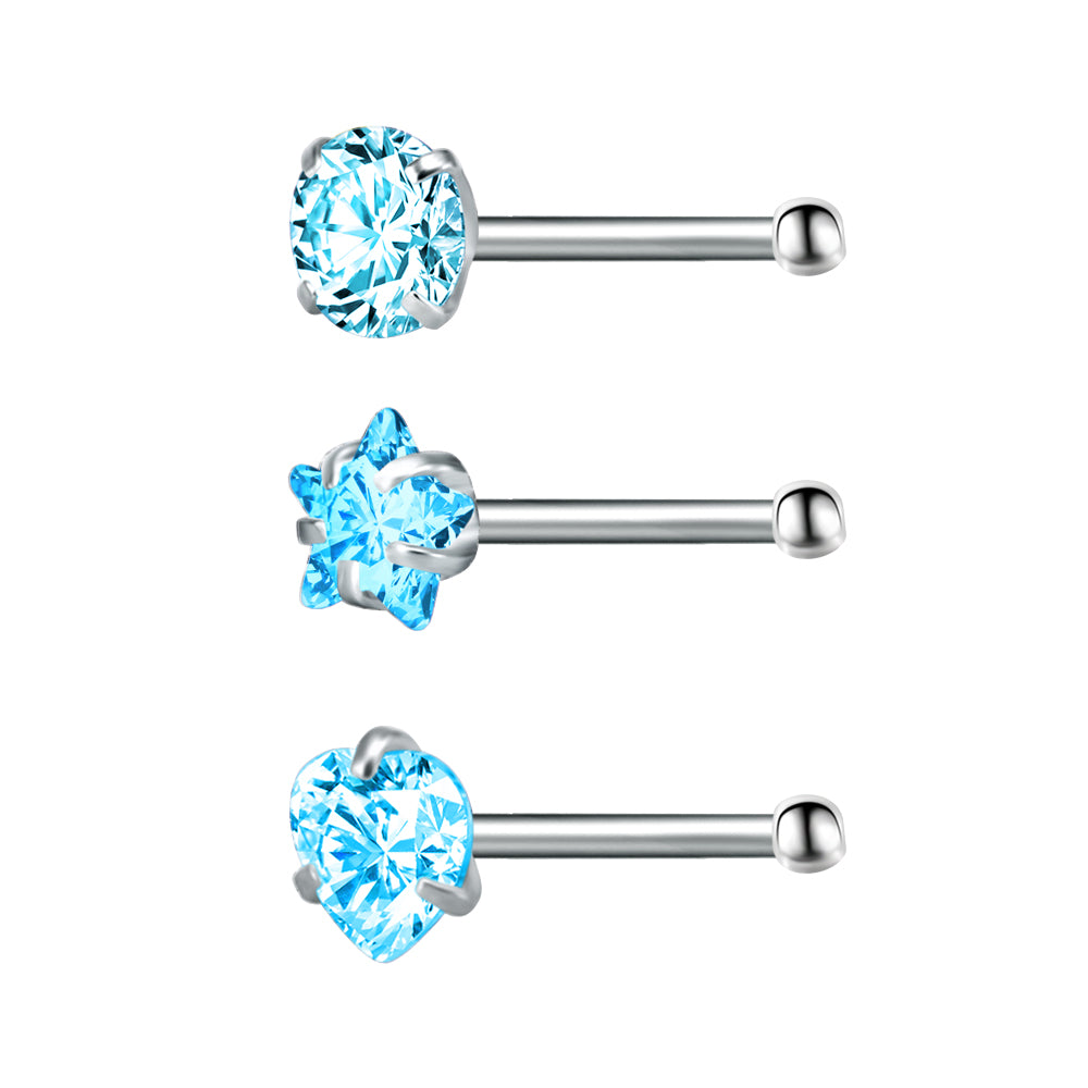 3pcs/set 20g Nose Studs Round Star Heart Shape Cubic Zirconia Nose Piercing-Economic Set