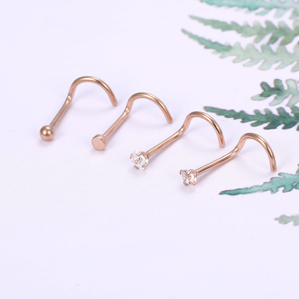 4 pcs/set 20g Thin Rose Gold Nose Rings Piercing Crystal Zirconia Curve Nose Studs-Economic Set