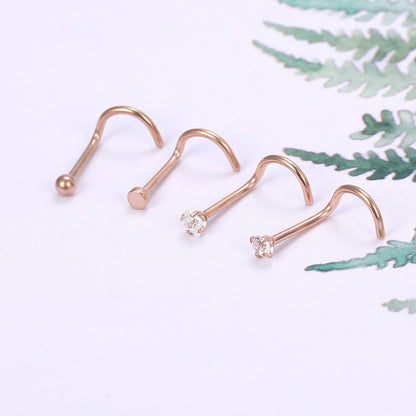 4 pcs/set 20g Thin Rose Gold Nose Rings Piercing Crystal Zirconia Curve Nose Studs-Economic Set