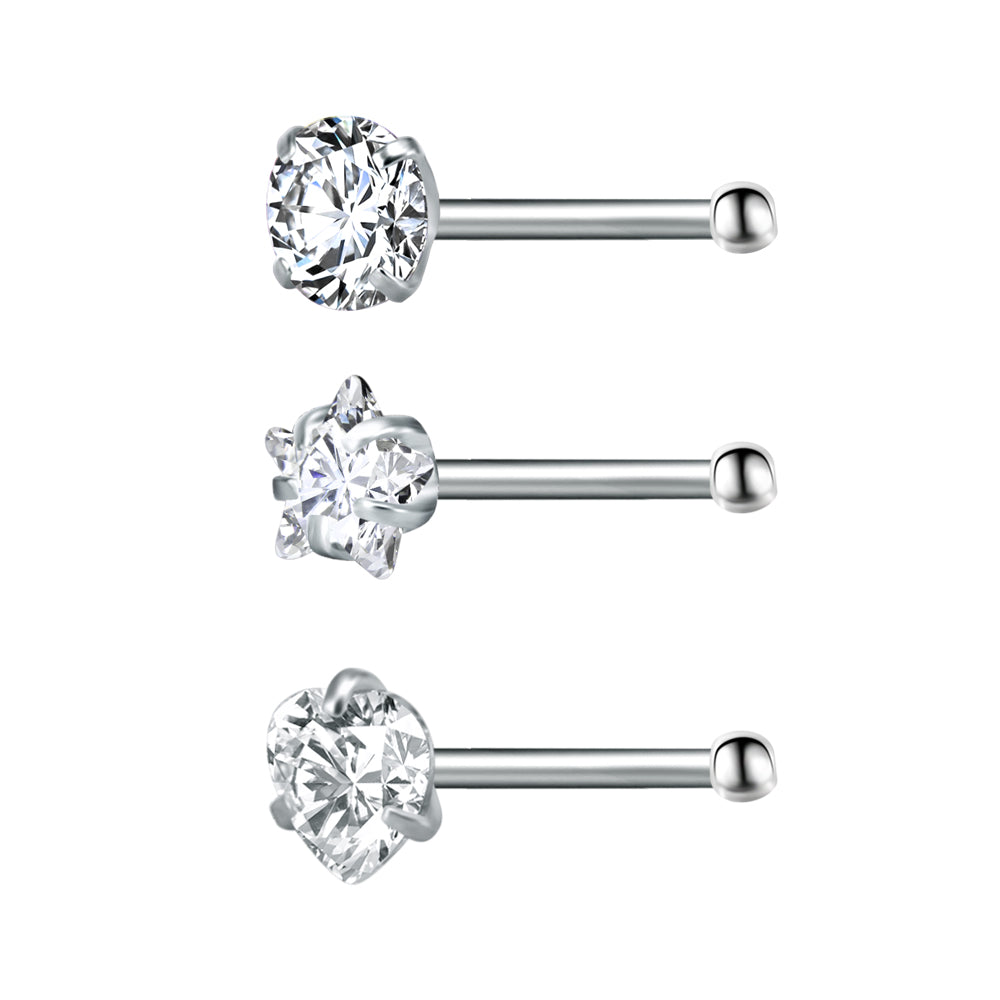 3pcs/set 20g Nose Studs Round Star Heart Shape Cubic Zirconia Nose Piercing-Economic Set