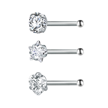 3pcs/set 20g Nose Studs Round Star Heart Shape Cubic Zirconia Nose Piercing-Economic Set