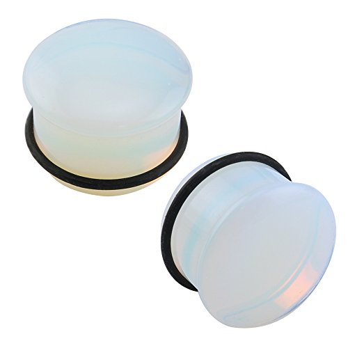 ZS Single Flare Clear Opalite Moonstone Ear Plugs and Tunnels with O-Ring Stretcher Expander Pair