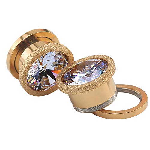 Rose Gold Stainless Steel Screw Big Cubic Zirconia Ear Gauges Plugs Tunnels Expander