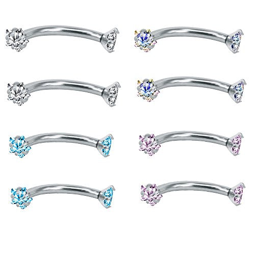 8Pcs 16G Stainless Steel Cubic Zirconia Curved Barbell Eyebrow Ring Daith Rook Piercing-Economic Set