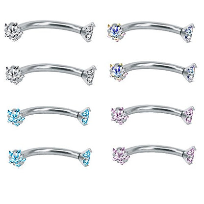 8Pcs 16G Stainless Steel Cubic Zirconia Curved Barbell Eyebrow Ring Daith Rook Piercing-Economic Set