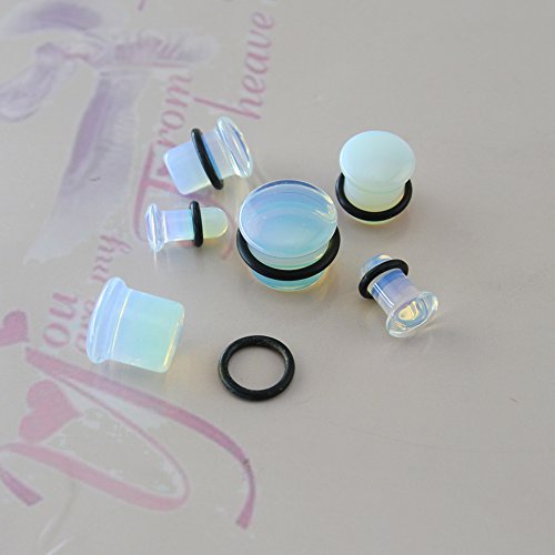 ZS Single Flare Clear Opalite Moonstone Ear Plugs and Tunnels with O-Ring Stretcher Expander Pair