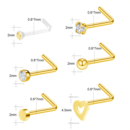 6Pcs-Set-Gold-L-Shaped-Nose-Stud-Rings-Clear-Bioflex-Nose-Piercing-Economic-Set