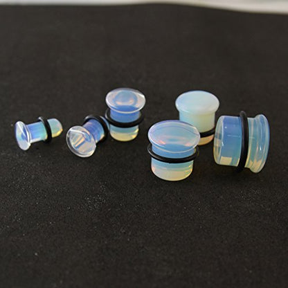 ZS Single Flare Clear Opalite Moonstone Ear Plugs and Tunnels with O-Ring Stretcher Expander Pair