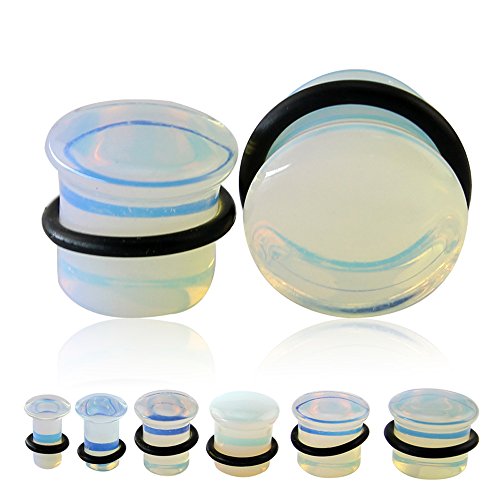 ZS Single Flare Clear Opalite Moonstone Ear Plugs and Tunnels with O-Ring Stretcher Expander Pair