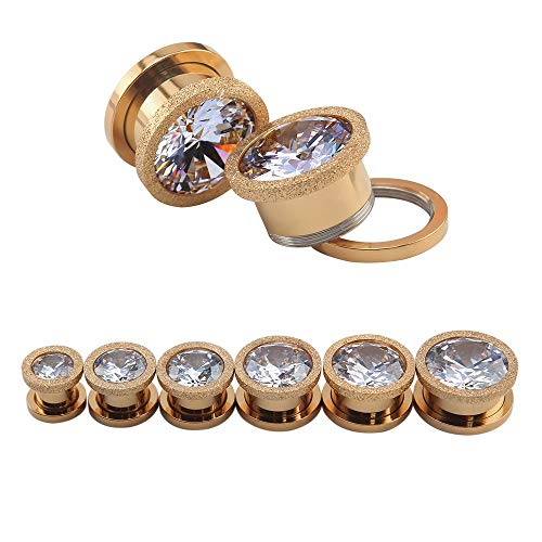 Rose Gold Stainless Steel Screw Big Cubic Zirconia Ear Gauges Plugs Tunnels Expander