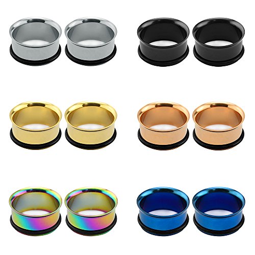 6 Pairs 316 Stainless Steel Single Flare Tunnels Ear Gauges with Silicone O-Rings-Economic Set