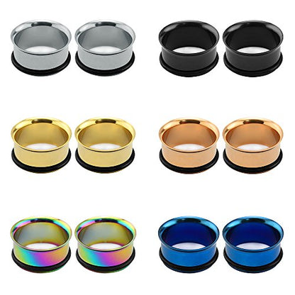 6 Pairs 316 Stainless Steel Single Flare Tunnels Ear Gauges with Silicone O-Rings-Economic Set