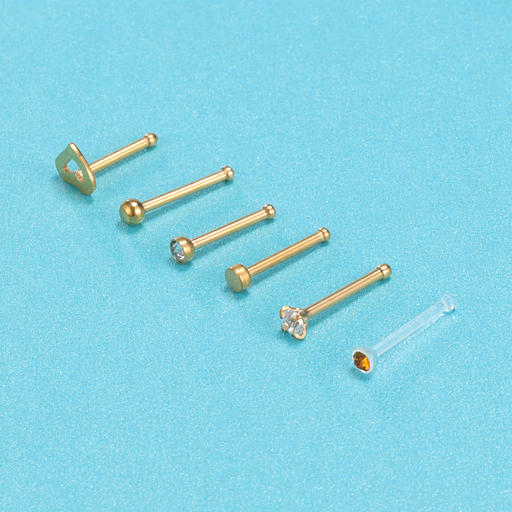 6Pcs-Set-Gold-Nose-Stud-Rings-Clear-Bioflex-Nose-Bone-Piercing-Economic-Set