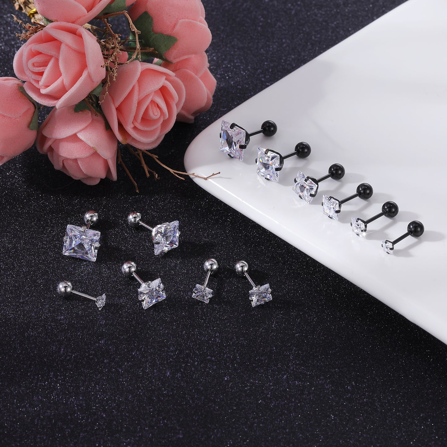 12pcs-set-square-crystal-stud-earring-silver-black-claw-ear-stud-economic-set