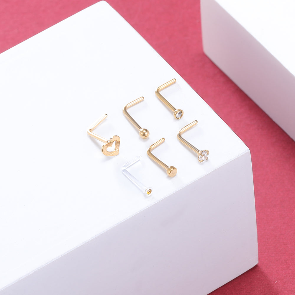 6Pcs-Set-Gold-L-Shaped-Nose-Stud-Rings-Clear-Bioflex-Nose-Piercing-Economic-Set