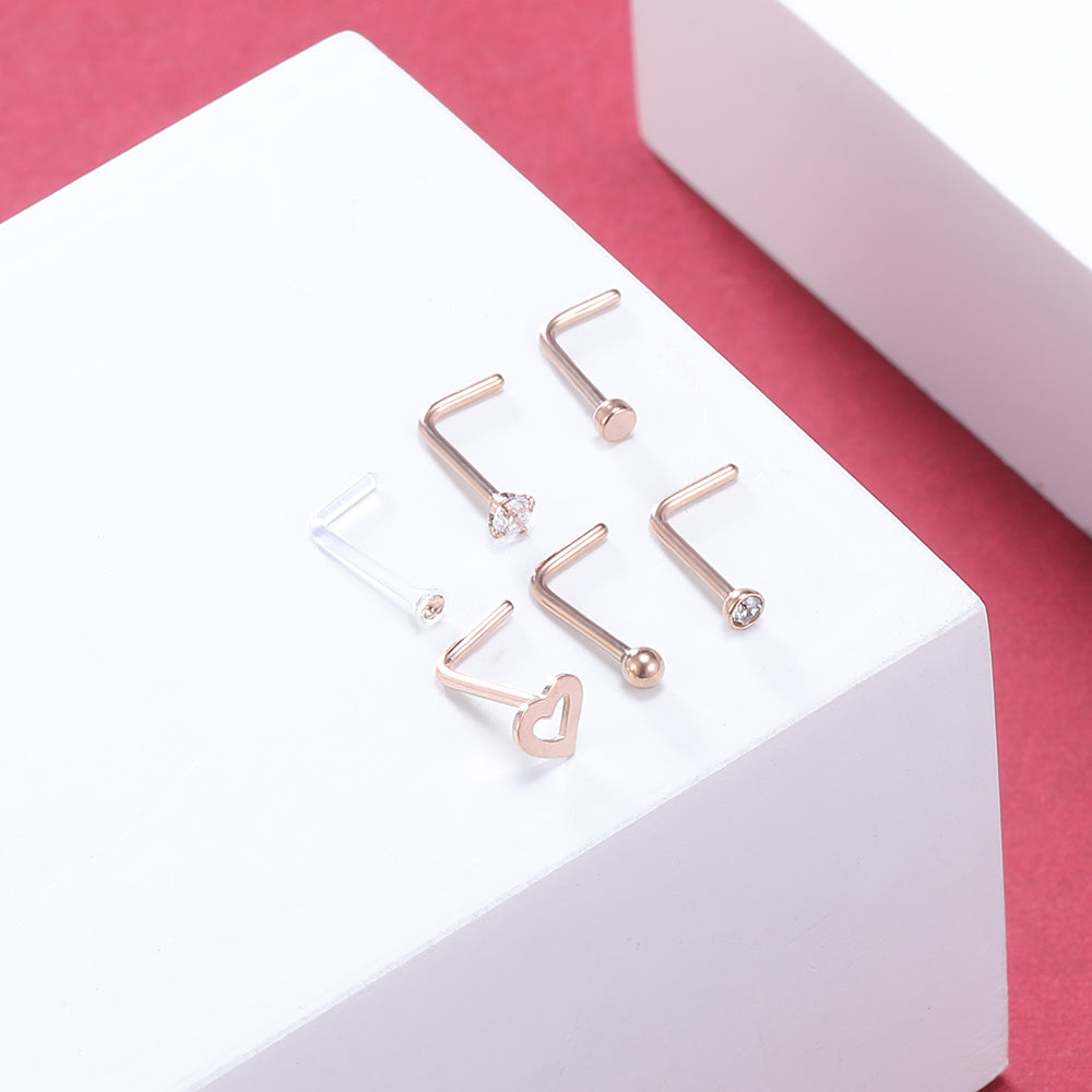 6Pcs-Set-Rose-Gold-L-Shaped-Nose-Stud-Rings-Clear-Bioflex-Nose-Piercing-Economic-Set