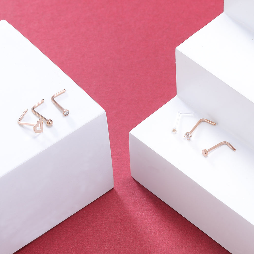 6Pcs-Set-Rose-Gold-L-Shaped-Nose-Stud-Rings-Clear-Bioflex-Nose-Piercing-Economic-Set