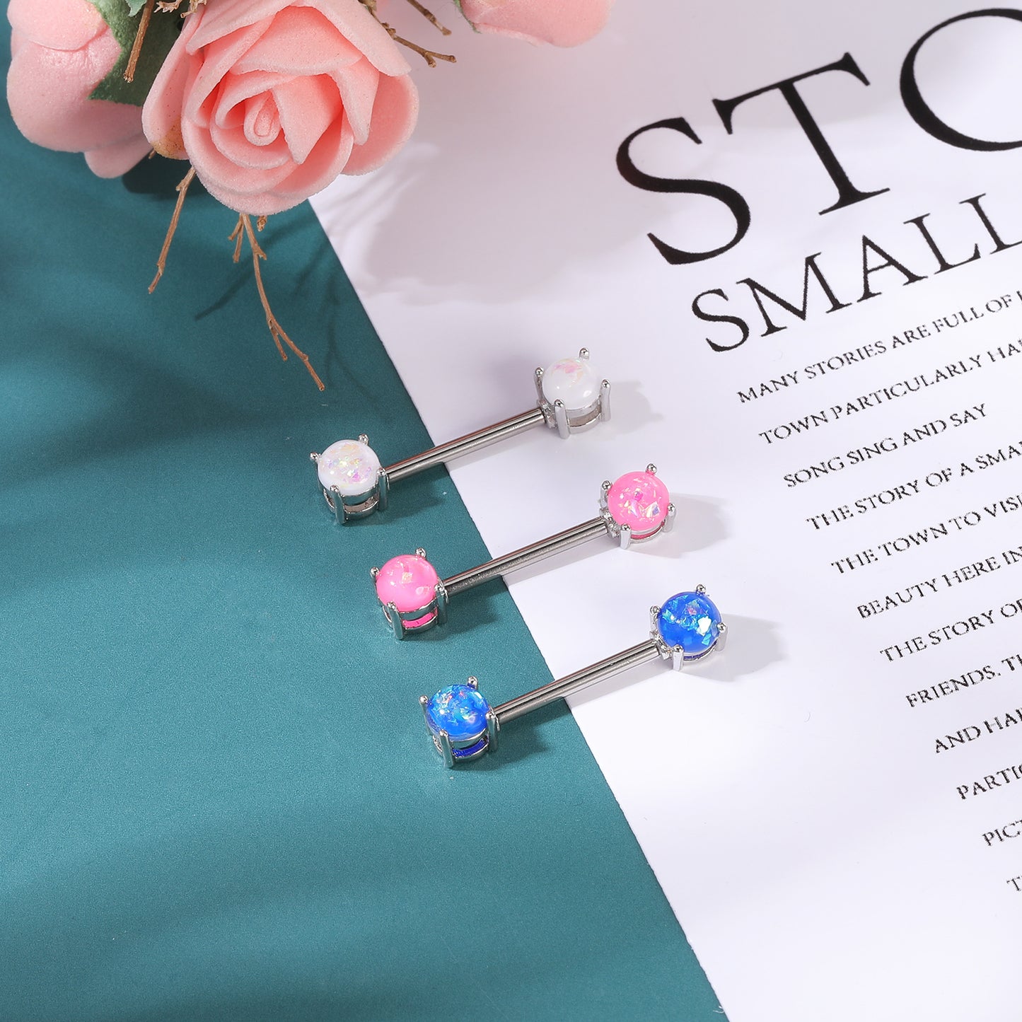 2pcs 14G Blue Opal Nipple Barbell Ring Claw Nipple Piercing