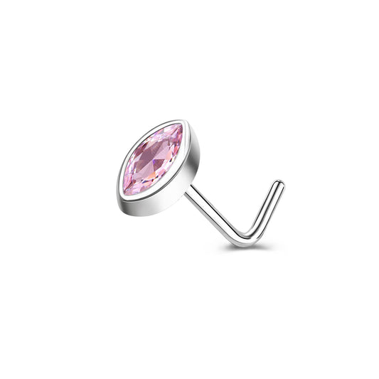 20g Oval Pink Crystal Nose Stud Piercing L Shaped Nostril Piercing