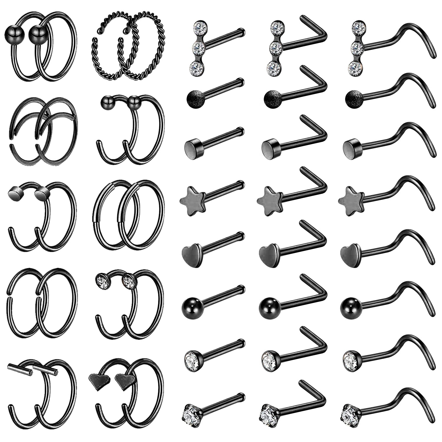 44-Pcs-Set-Black-Nose-Rings-Piercing-Nose-Bone-L-Shaped-Nose-Screws-Stud-Economic-Set