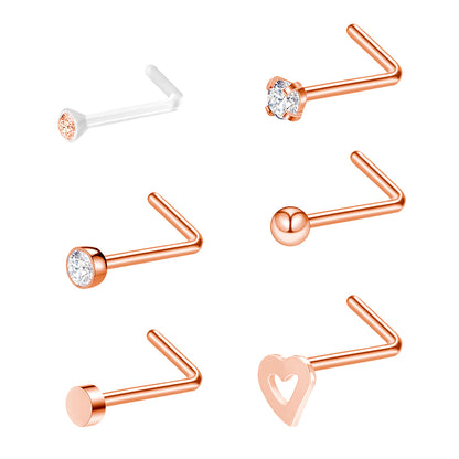 6Pcs-Set-Rose-Gold-L-Shaped-Nose-Stud-Rings-Clear-Bioflex-Nose-Piercing-Economic-Set