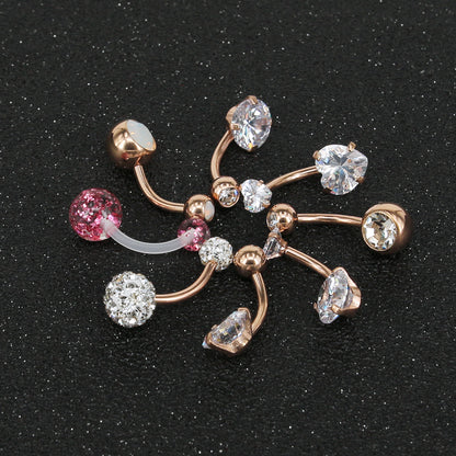 7 Pcs Rose Gold Belly Button Rings Crystal Zirconia Opal Navel Piercing - Economic Set