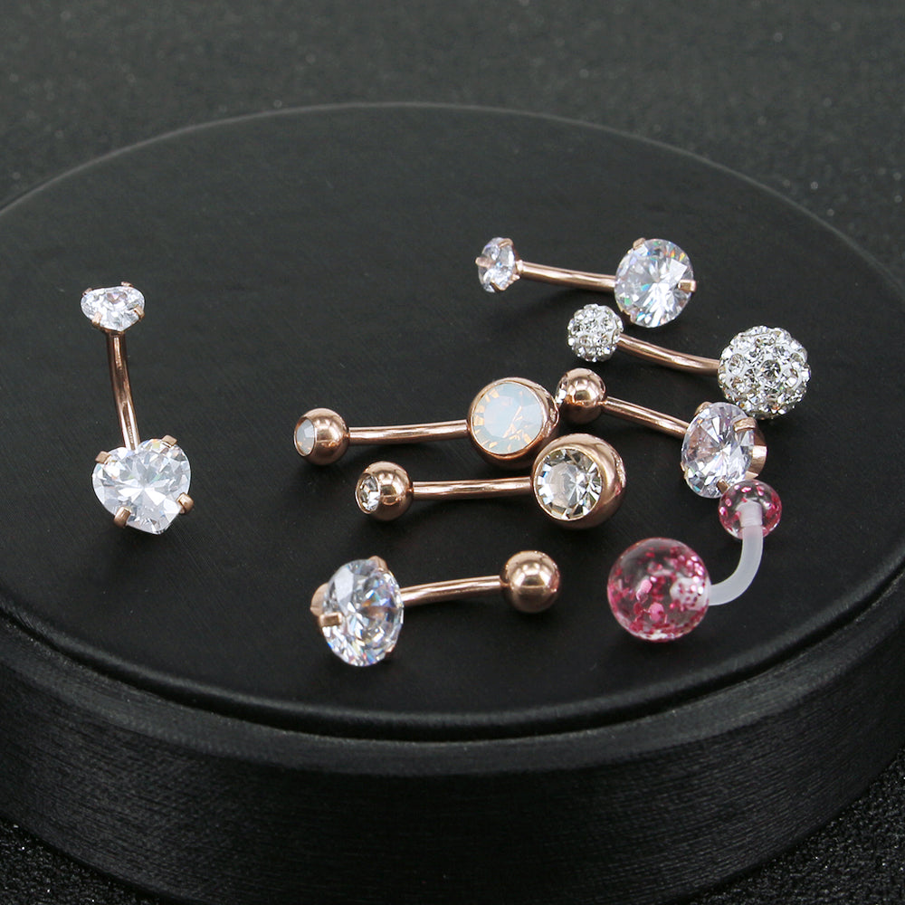 7 Pcs Rose Gold Belly Button Rings Crystal Zirconia Opal Navel Piercing - Economic Set