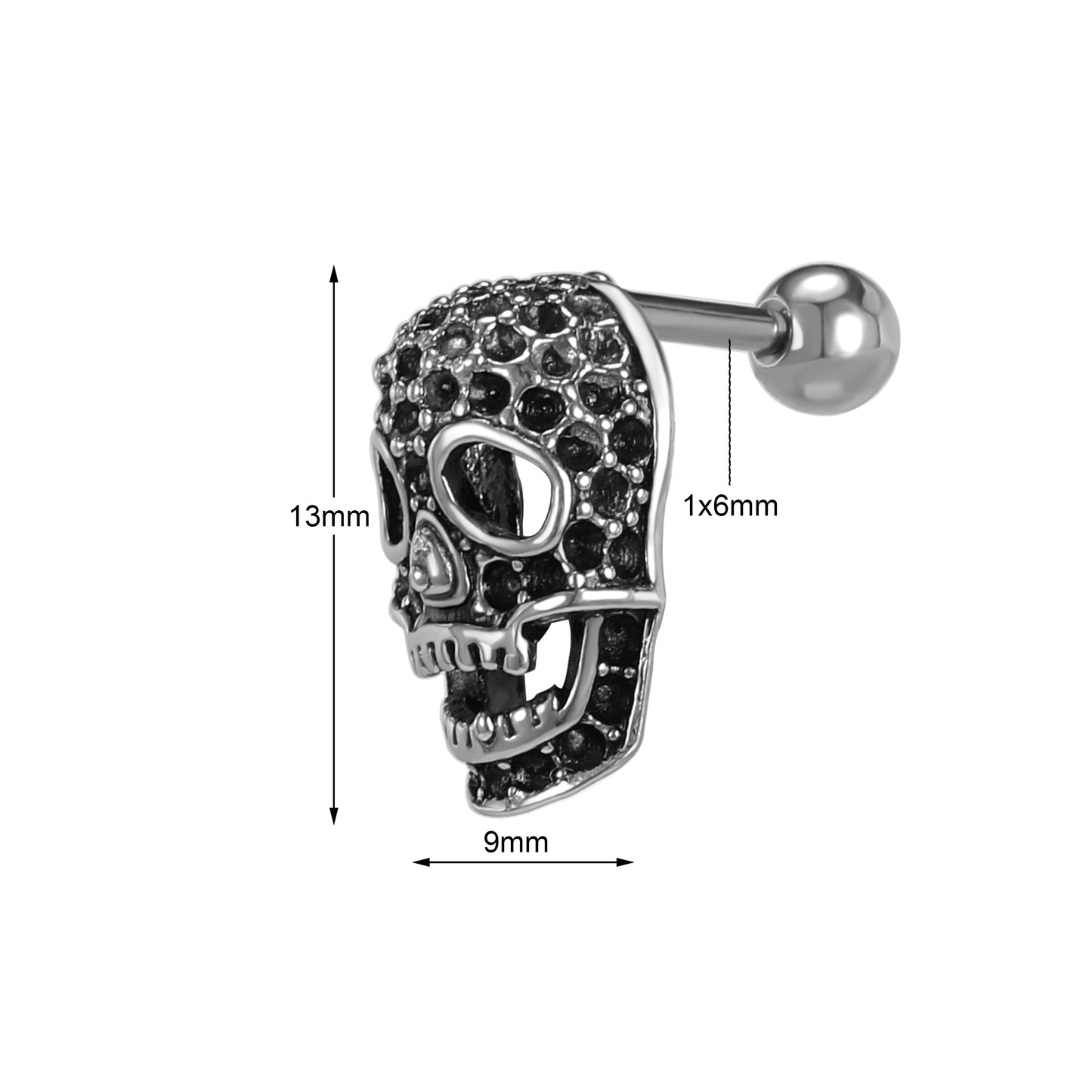 16G Grid Skull Stud Earring Black Crystal Ear Stud Jewelry