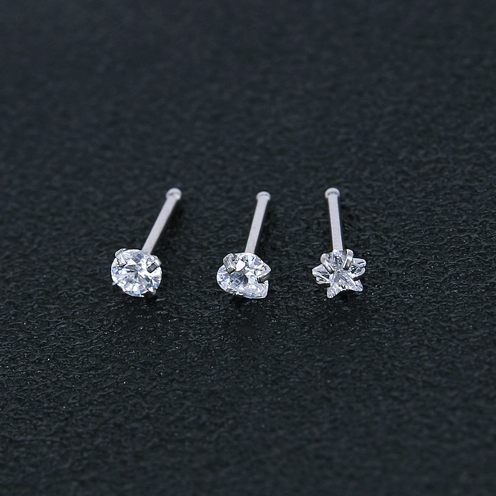 3pcs/set 20g Nose Studs Round Star Heart Shape Cubic Zirconia Nose Piercing-Economic Set