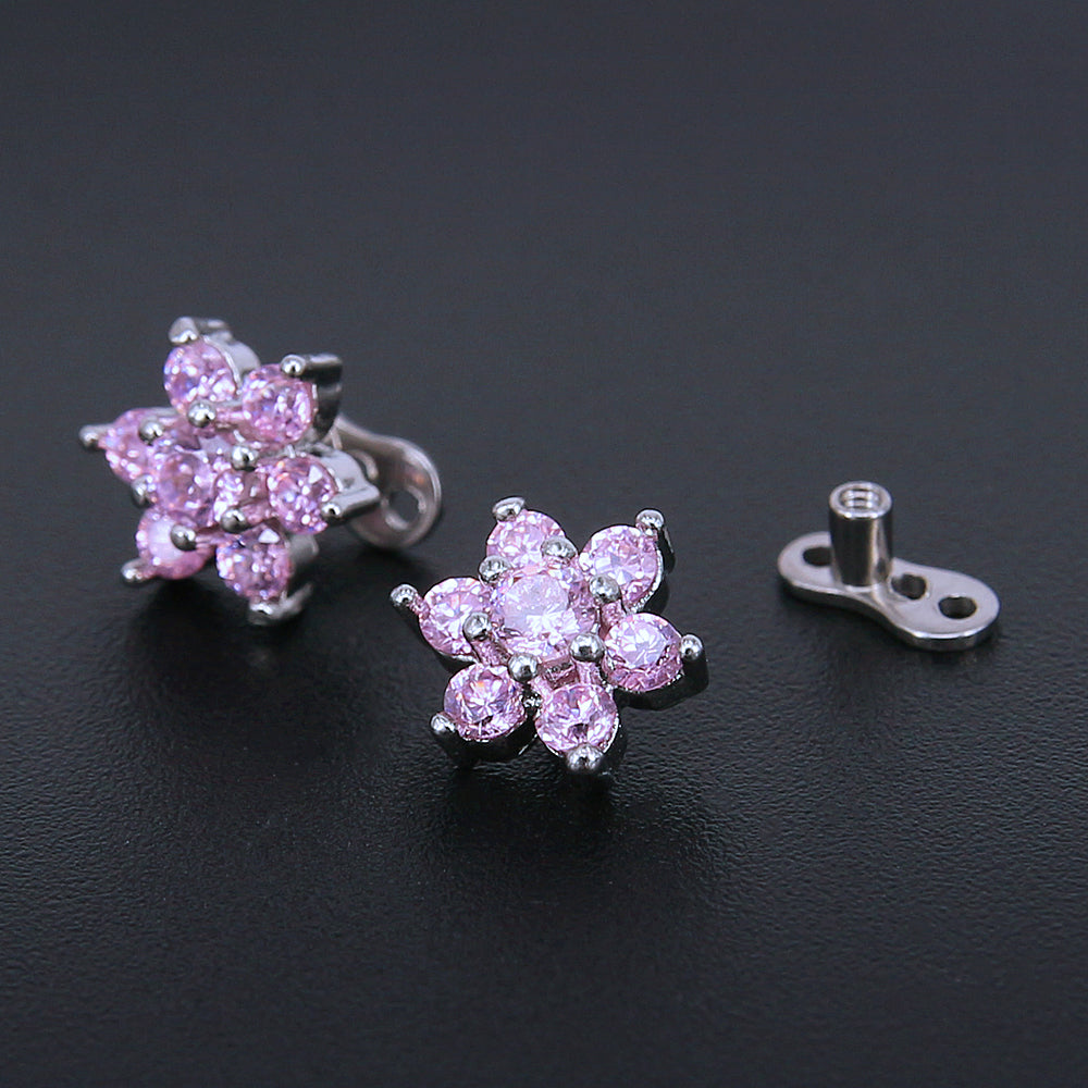 14g Flower Pink Cubic Zirconia Dermal Anchor Tops & Surgical Steel Base Microdermals