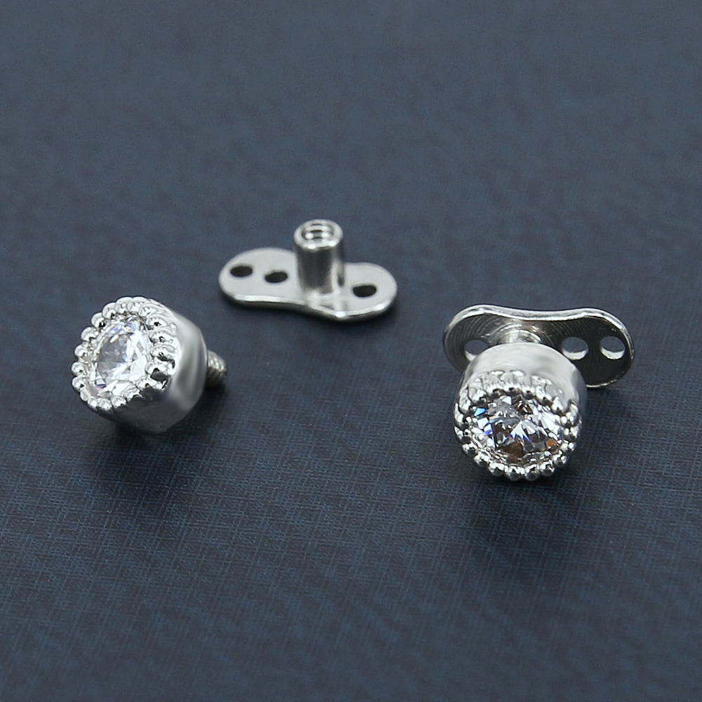 14g Round Crystal Cubic Zirconia Dermal Anchor Tops & Surgical Steel Base Microdermals