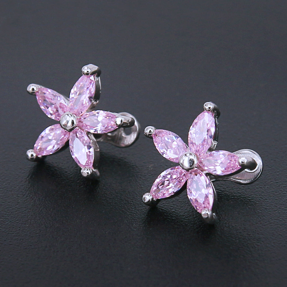 14g Flower Light Pink Cubic Zirconia Dermal Anchor Tops & Surgical Steel Base Microdermals