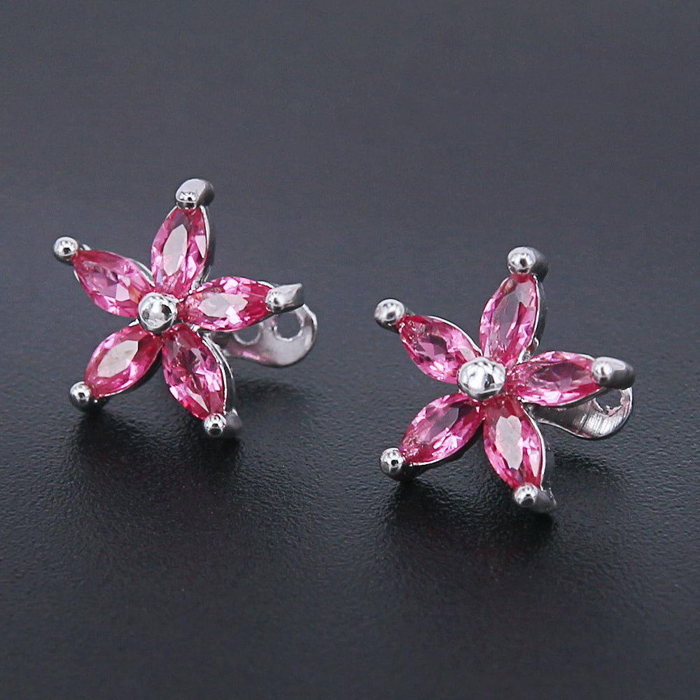 14g Flower Deep Pink Cubic Zirconia Dermal Anchor Tops & Surgical Steel Base Microdermals