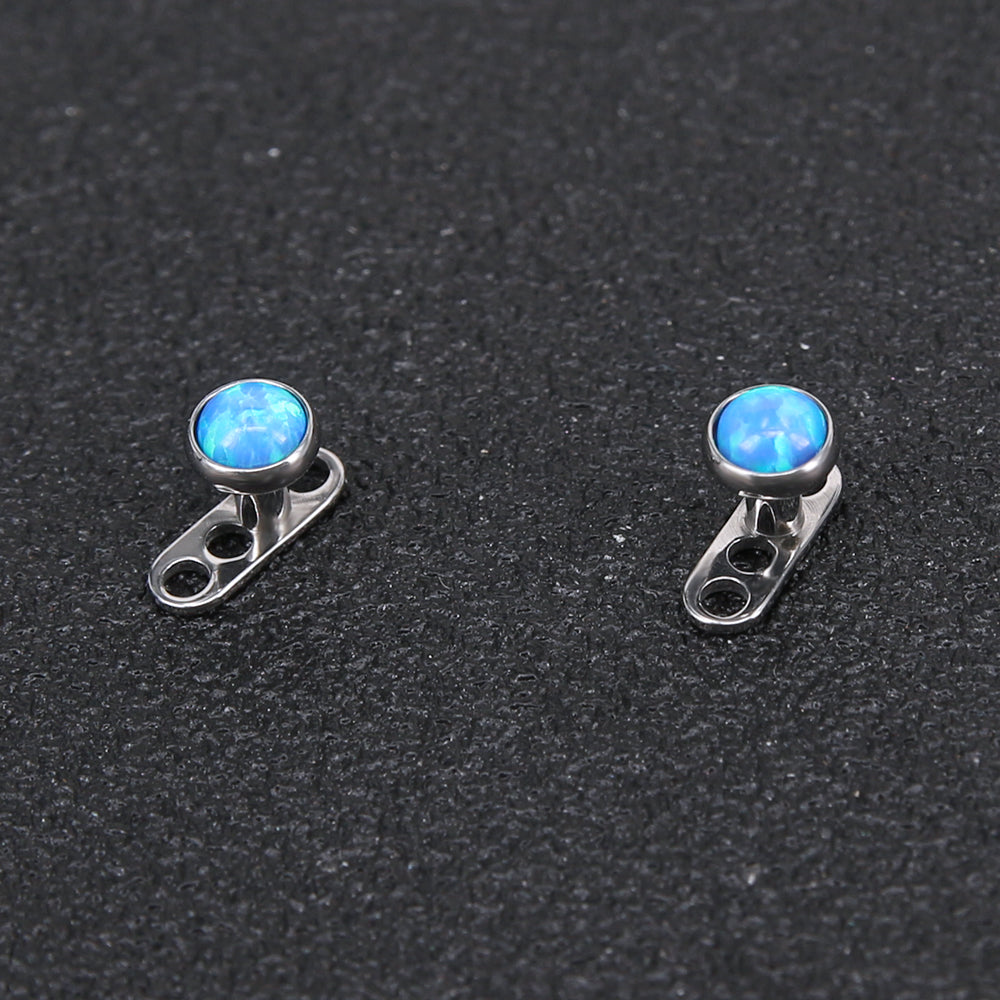 2 Pcs 14g Blue Opal  Dermal Anchor Tops & Surgical Steel Base Microdermals