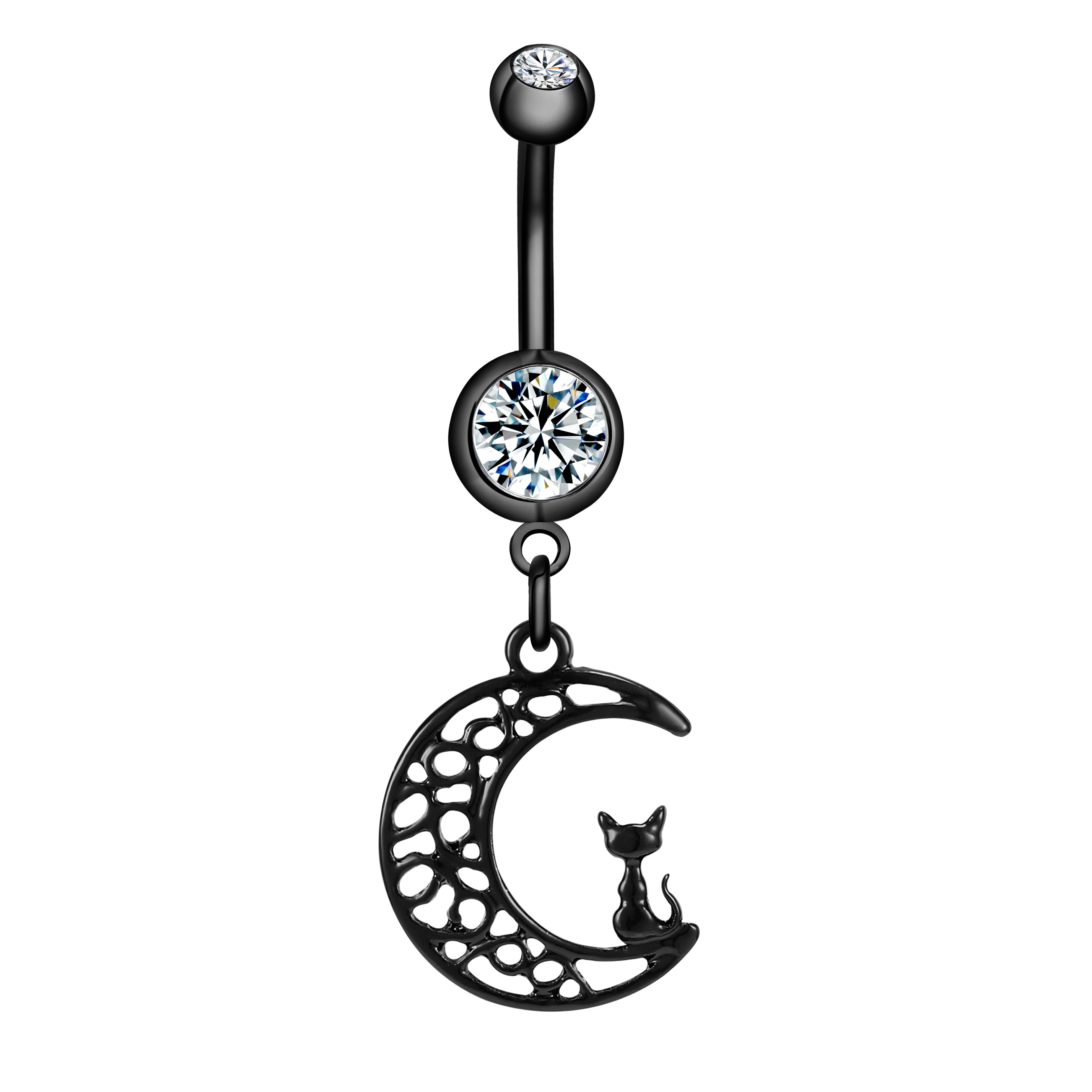 Moon-Cat-Dangle-Belly-Rings-Black-Stainless-Steel