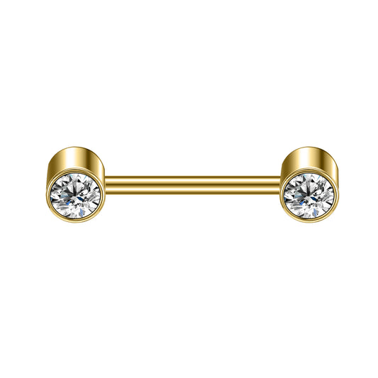 2pcs 14G Simple Nipple Barbell Ring Round Crystal Gold Nipple Piercing