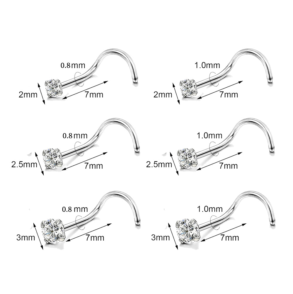 6Pcs/Set Silver Nose Stud Rings Crystal Nose Corkscrew Piercing-Economic Set